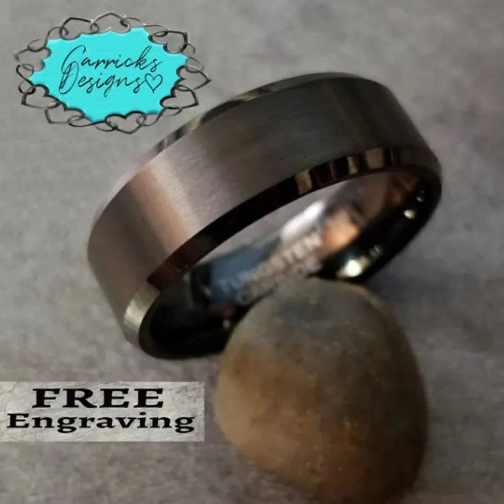 Engraved Men's Real Matte Black Tungsten Wedding Ring  Durable Black Powder Coat